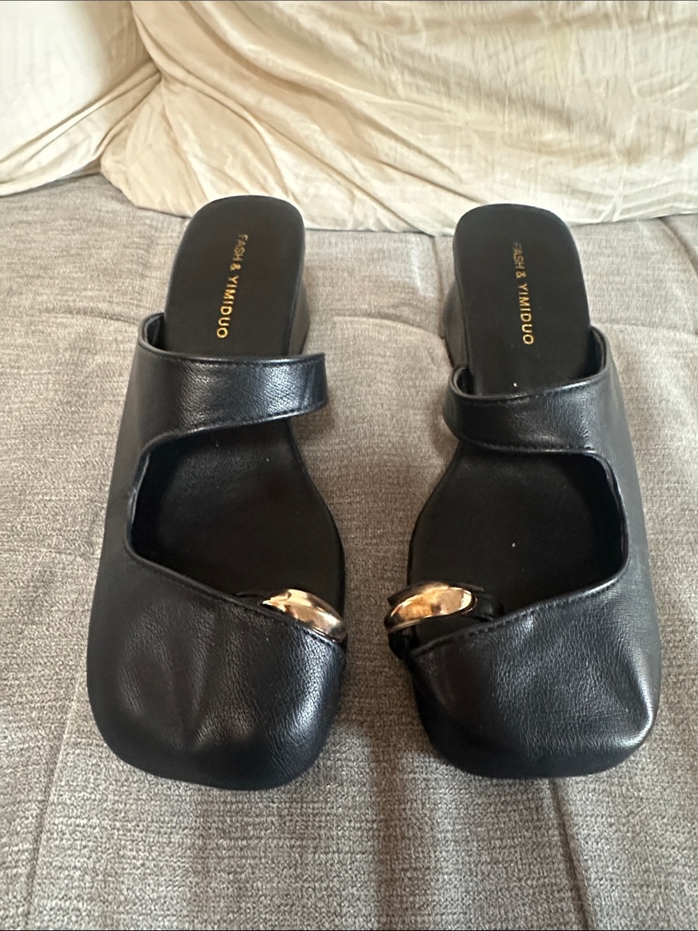 Black Leather Slide Sandals with Gold Accent